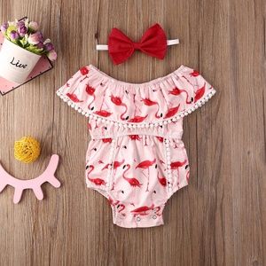 2 PC Flamingo Print Summer Ruffle Baby Onesie